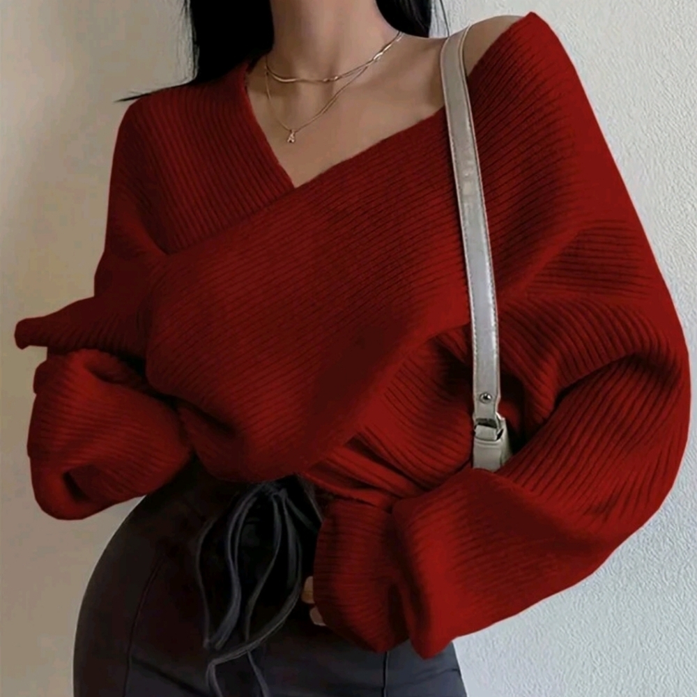 Women's Fall Solid Color V-Neck Long Sleeve Casual Sweater - Picture 3 of 6